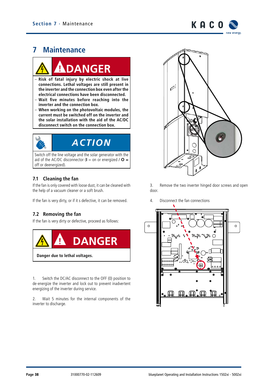 7 maintenance, 1 cleaning the fan, 2 removing the fan | Danger, Action | KACO blueplanet 1502xi User Manual | Page 41 / 56