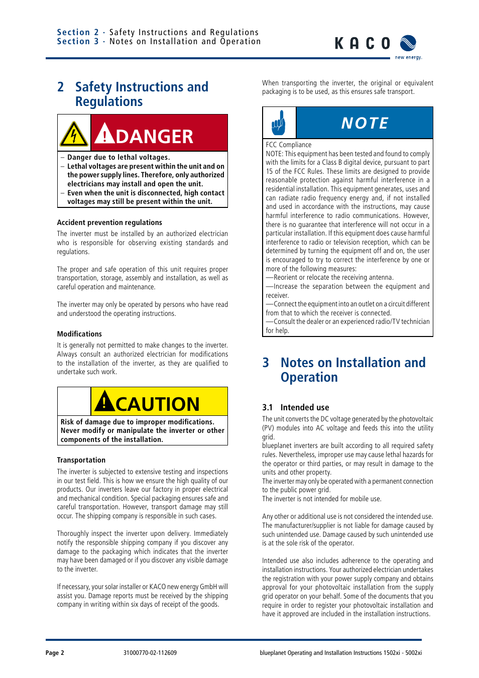 2 safety instructions and regulations, 3 notes on installation and operation, 1 intended use | Safety instructions and regulations, Notes on installation and operation, Danger, Caution | KACO blueplanet 1502xi User Manual | Page 5 / 56