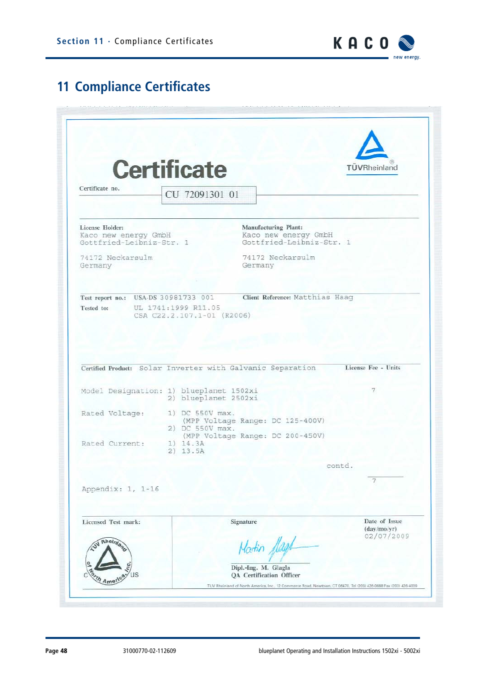 11 compliance certificates | KACO blueplanet 1502xi User Manual | Page 51 / 56