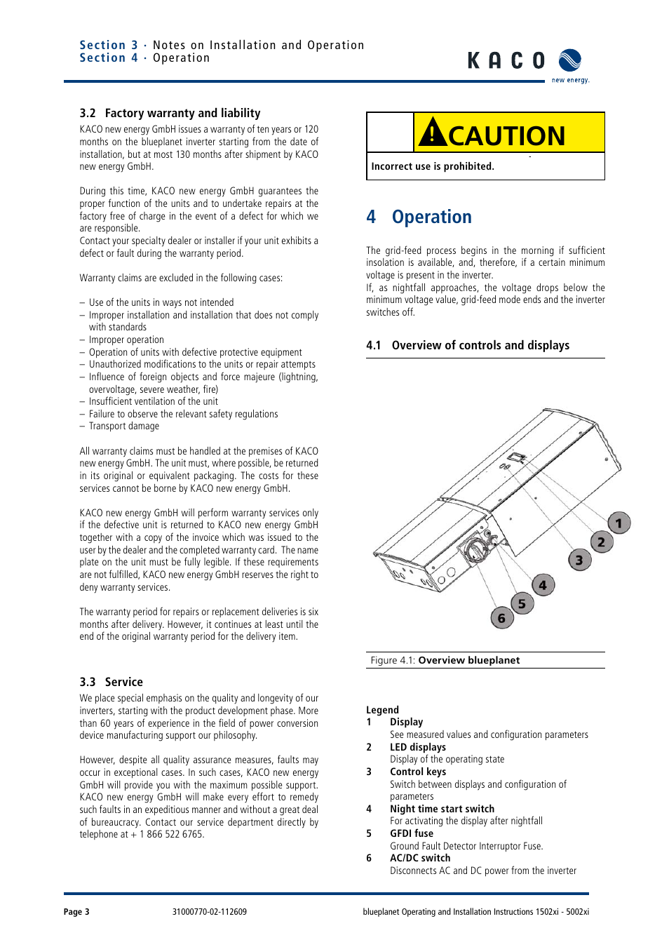 2 factory warranty and liability, 3 service, 4 operation | 1 overview of controls and displays, Caution | KACO blueplanet 1502xi User Manual | Page 6 / 56