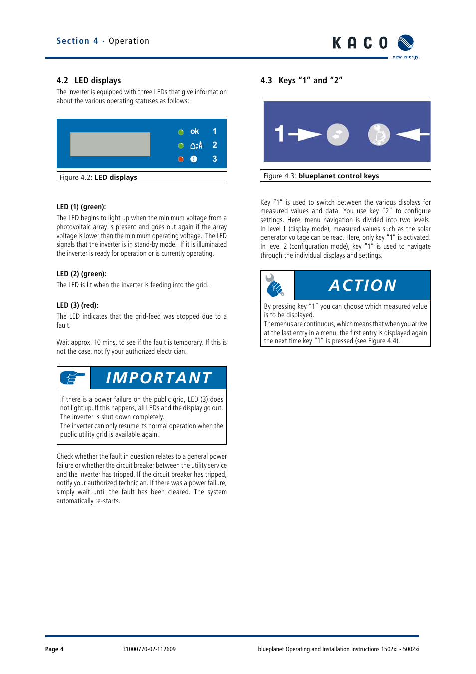 2 led displays, 3 keys “1” and “2, Important | Action | KACO blueplanet 1502xi User Manual | Page 7 / 56