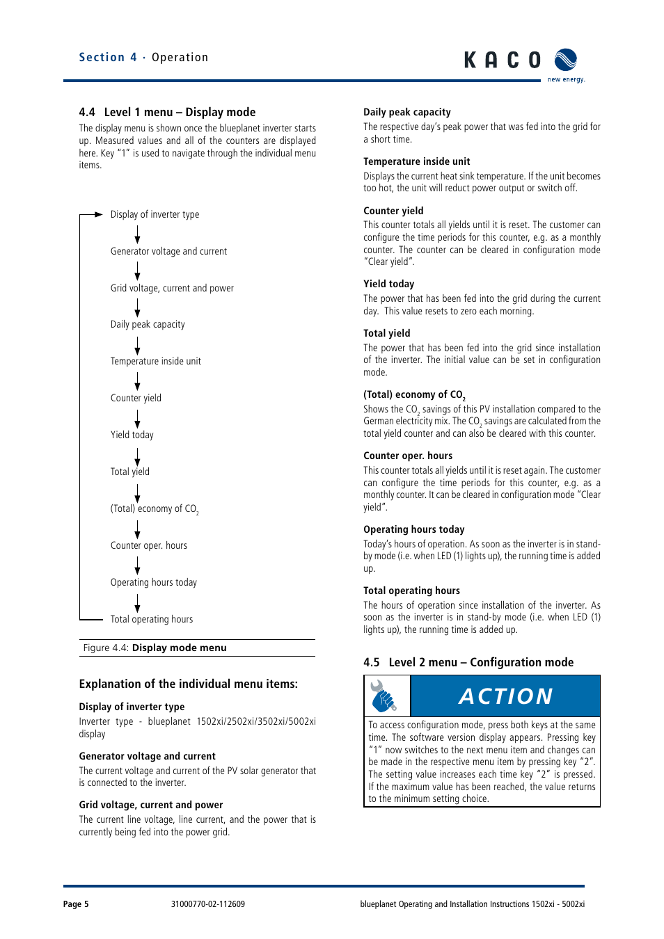 4 level 1 menu – display mode, 5 level 2 menu – configuration mode, Action | KACO blueplanet 1502xi User Manual | Page 8 / 56