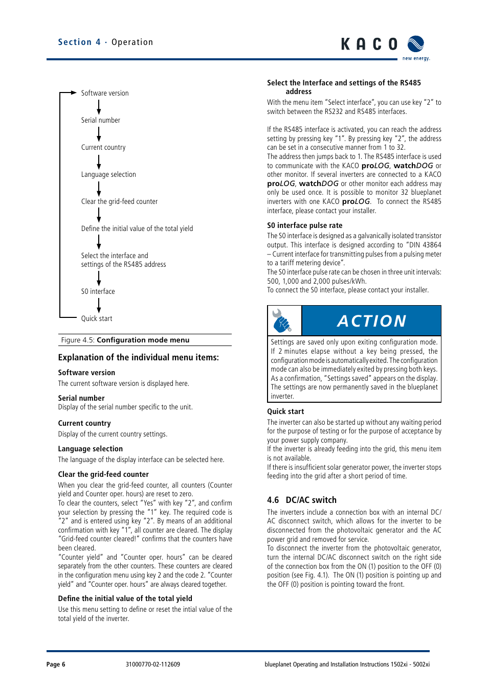 6 dc/ac switch, Action | KACO blueplanet 1502xi User Manual | Page 9 / 56