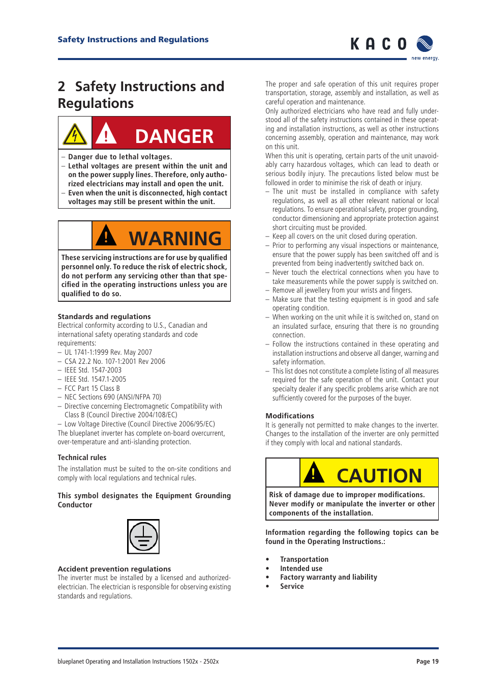 Danger, Warning, Caution | 2 safety instructions and regulations | KACO blueplanet 1502xi User Manual | Page 17 / 42