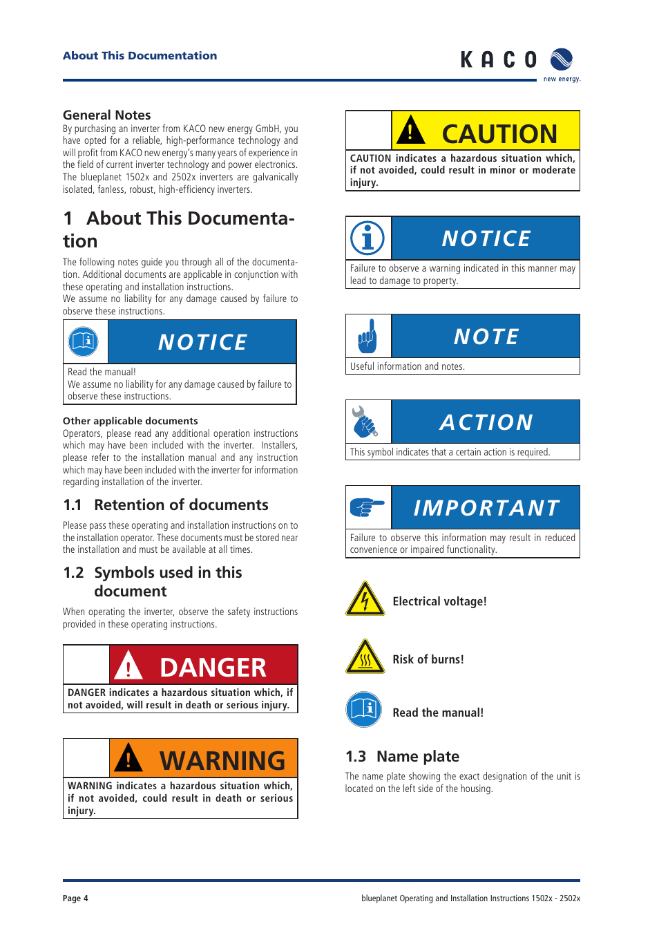 Danger, Warning, Caution | Notice, Action, Important, 1about this documenta- tion | KACO blueplanet 1502xi User Manual | Page 2 / 42