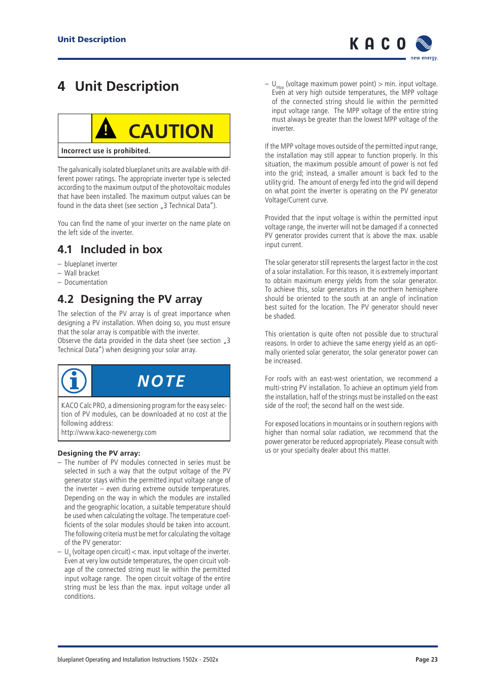 Caution, 4 unit description, 1 included in box | 2 designing the pv array | KACO blueplanet 1502xi User Manual | Page 21 / 42