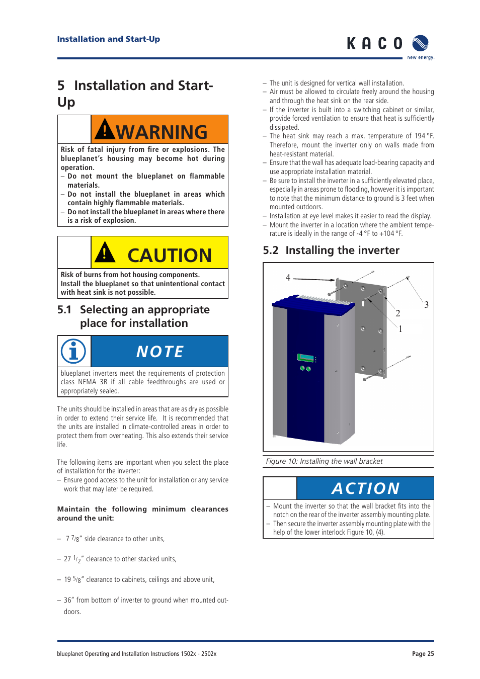 Warning, Caution, Action | 5 installation and start- up, 1 selecting an appropriate place for installation, 2 installing the inverter | KACO blueplanet 1502xi User Manual | Page 23 / 42