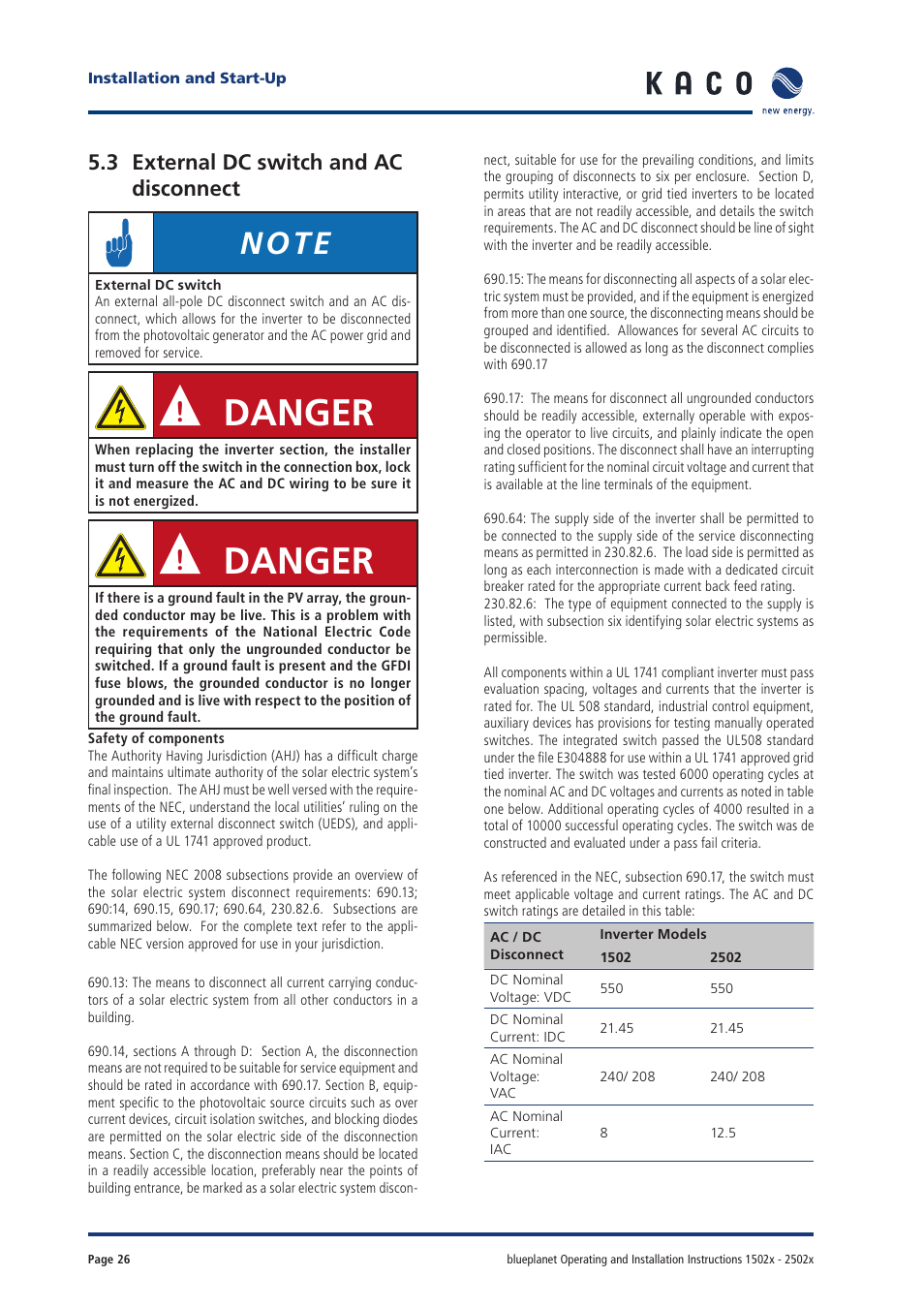 Danger, 3 external dc switch and ac disconnect | KACO blueplanet 1502xi User Manual | Page 24 / 42