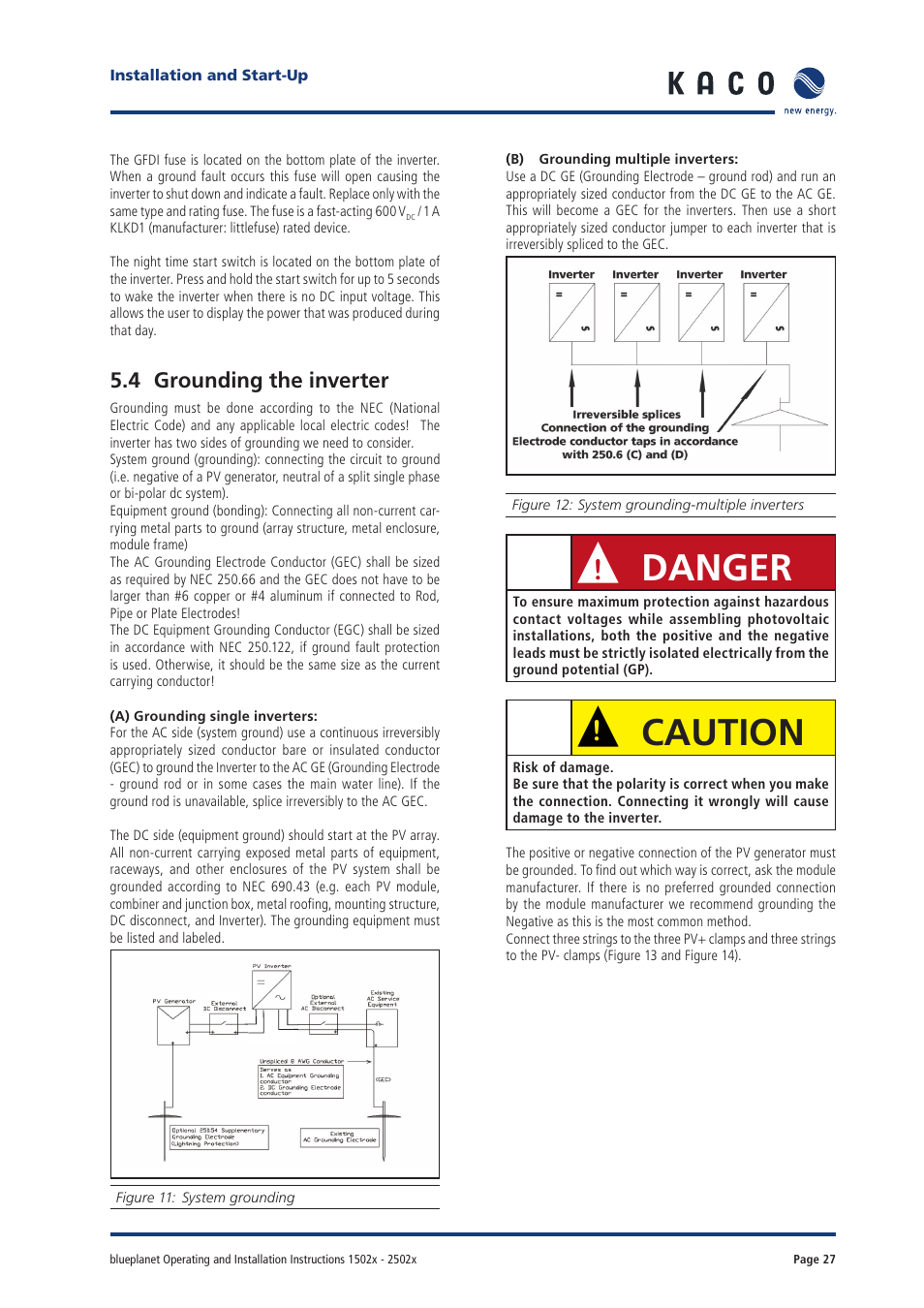 Danger, Caution, 4 grounding the inverter | KACO blueplanet 1502xi User Manual | Page 25 / 42