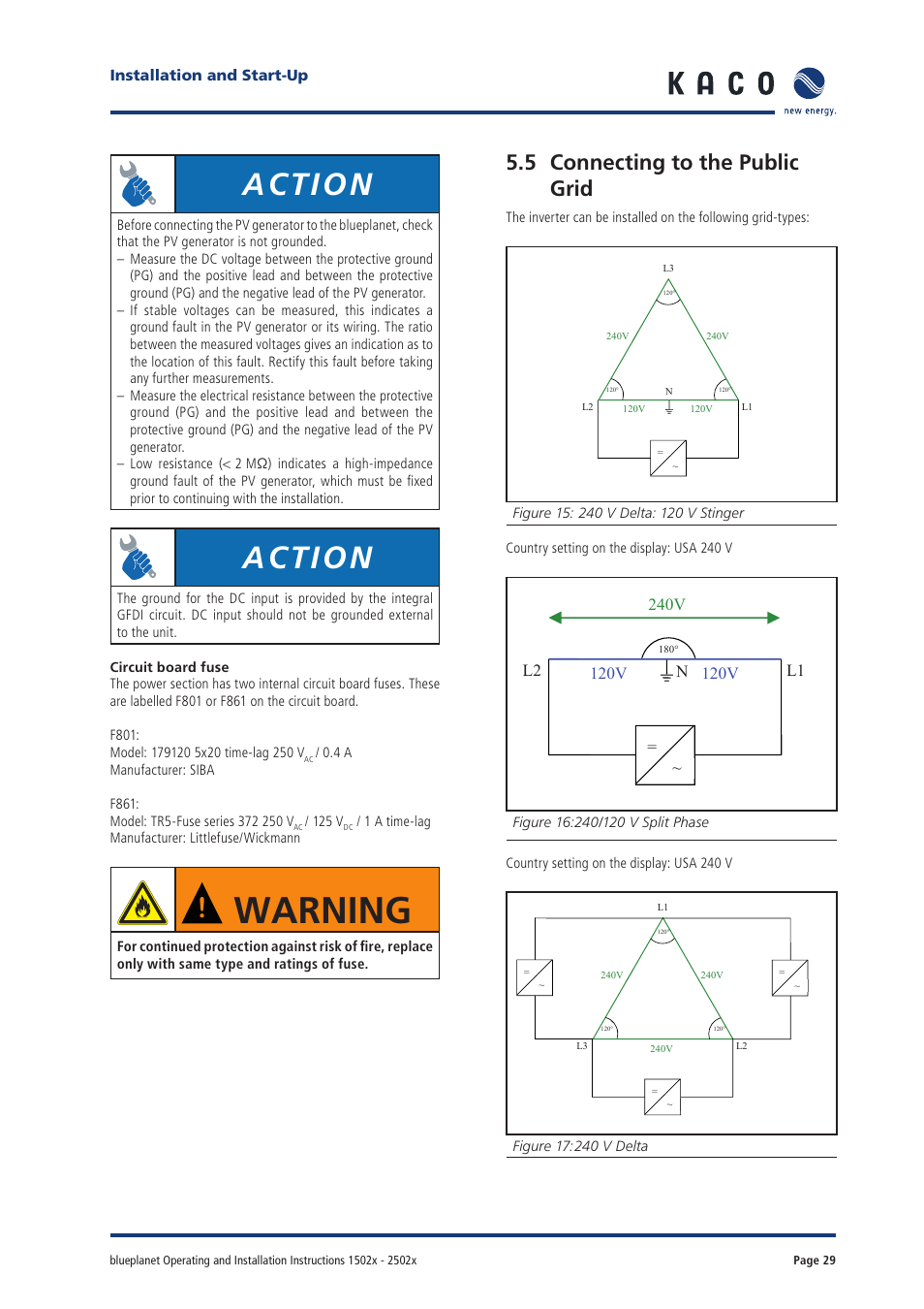 Warning, Action, 5 connecting to the public grid | 240v | KACO blueplanet 1502xi User Manual | Page 27 / 42