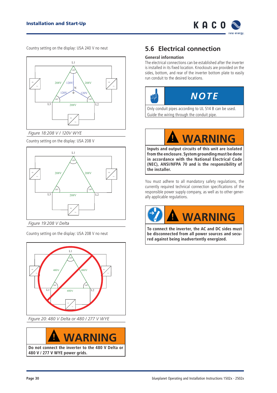 Warning, 6 electrical connection, Installation and start-up | KACO blueplanet 1502xi User Manual | Page 28 / 42