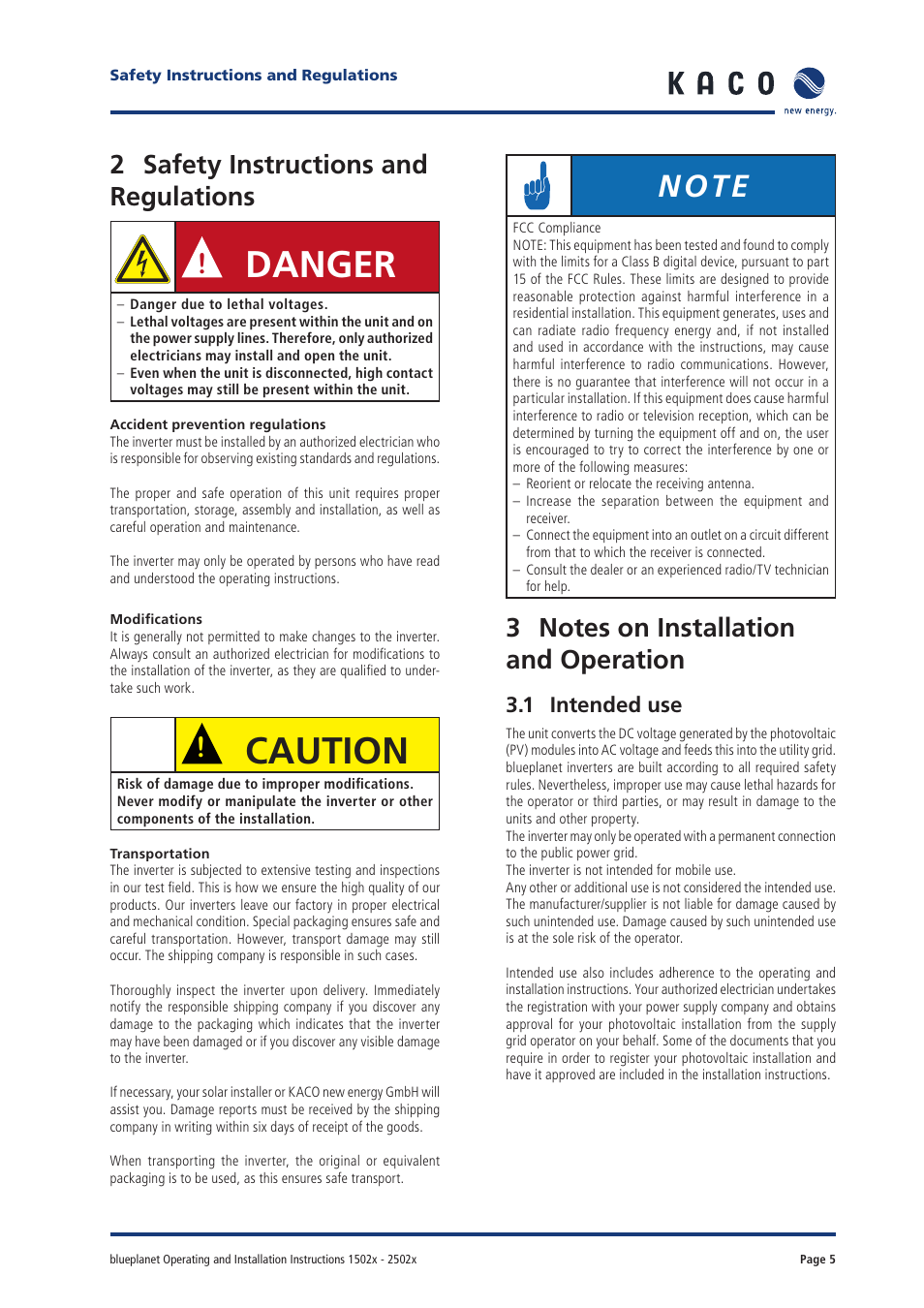 Danger, Caution, 2 safety instructions and regulations | 1 intended use | KACO blueplanet 1502xi User Manual | Page 3 / 42