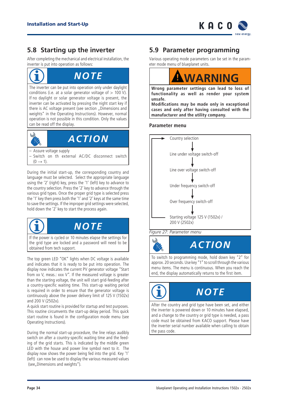 Warning, Action, 8 starting up the inverter | 9 parameter programming | KACO blueplanet 1502xi User Manual | Page 32 / 42