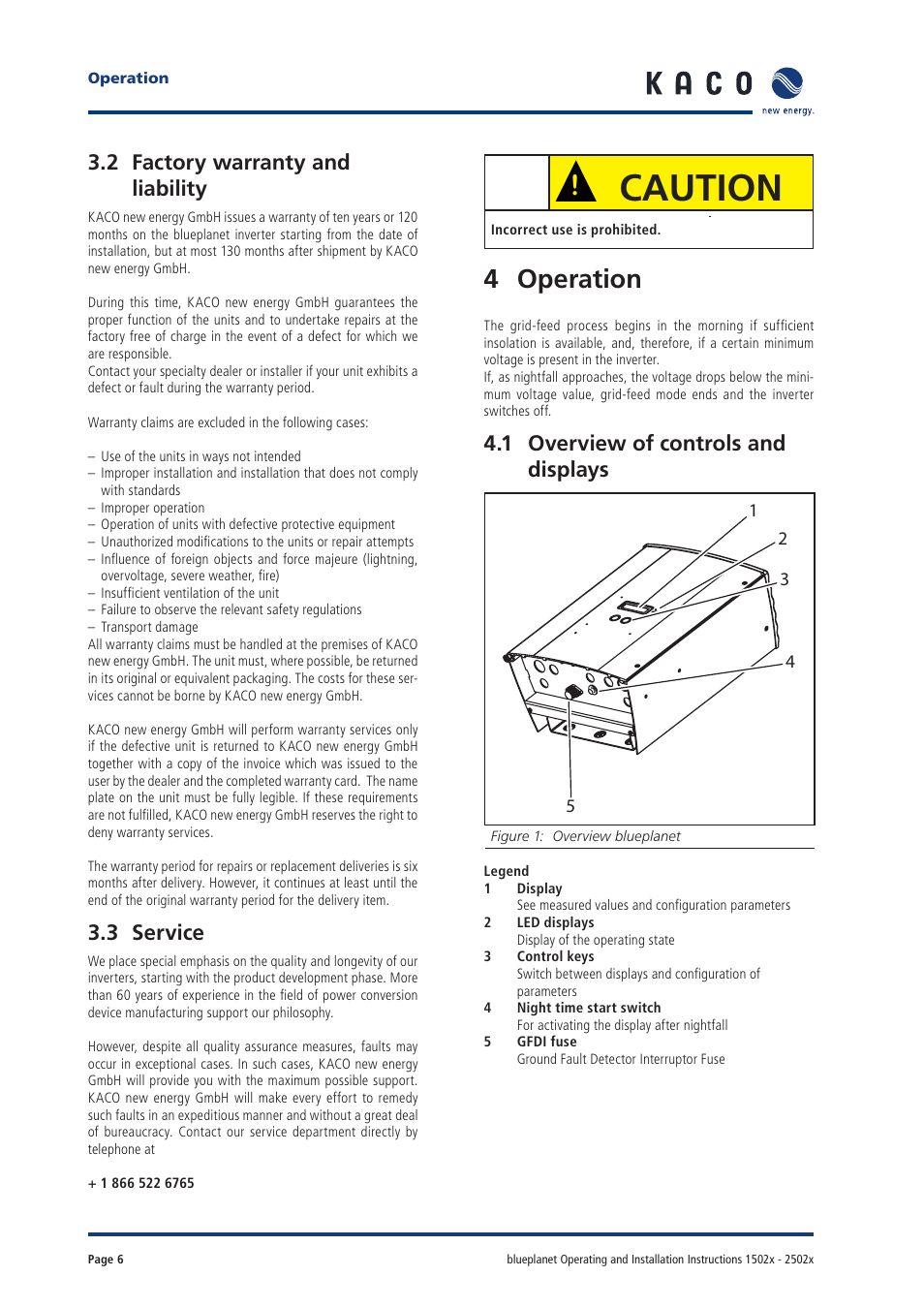 Caution, 4 operation, 2 factory warranty and liability | 3 service, 1 overview of controls and displays | KACO blueplanet 1502xi User Manual | Page 4 / 42