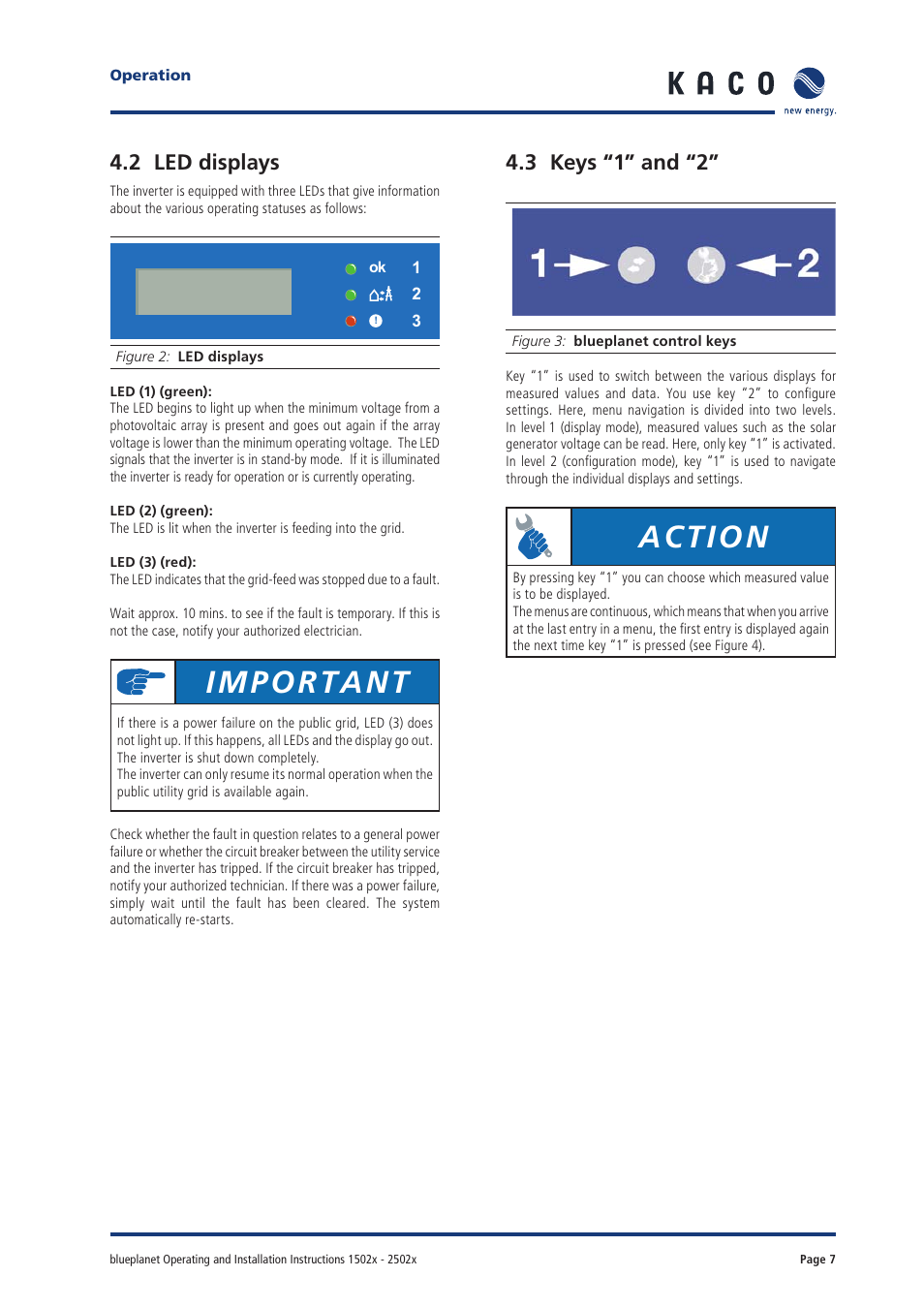 Important, Action, 2 led displays | 3 keys “1” and “2 | KACO blueplanet 1502xi User Manual | Page 5 / 42