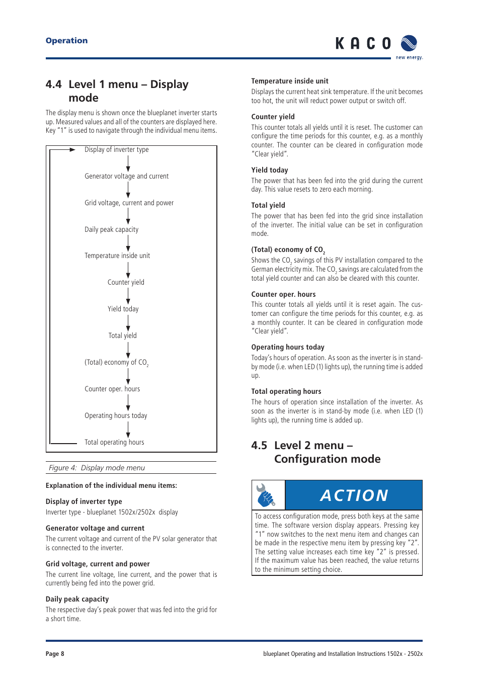 Action, 4 level 1 menu – display mode, 5 level 2 menu – confi guration mode | KACO blueplanet 1502xi User Manual | Page 6 / 42