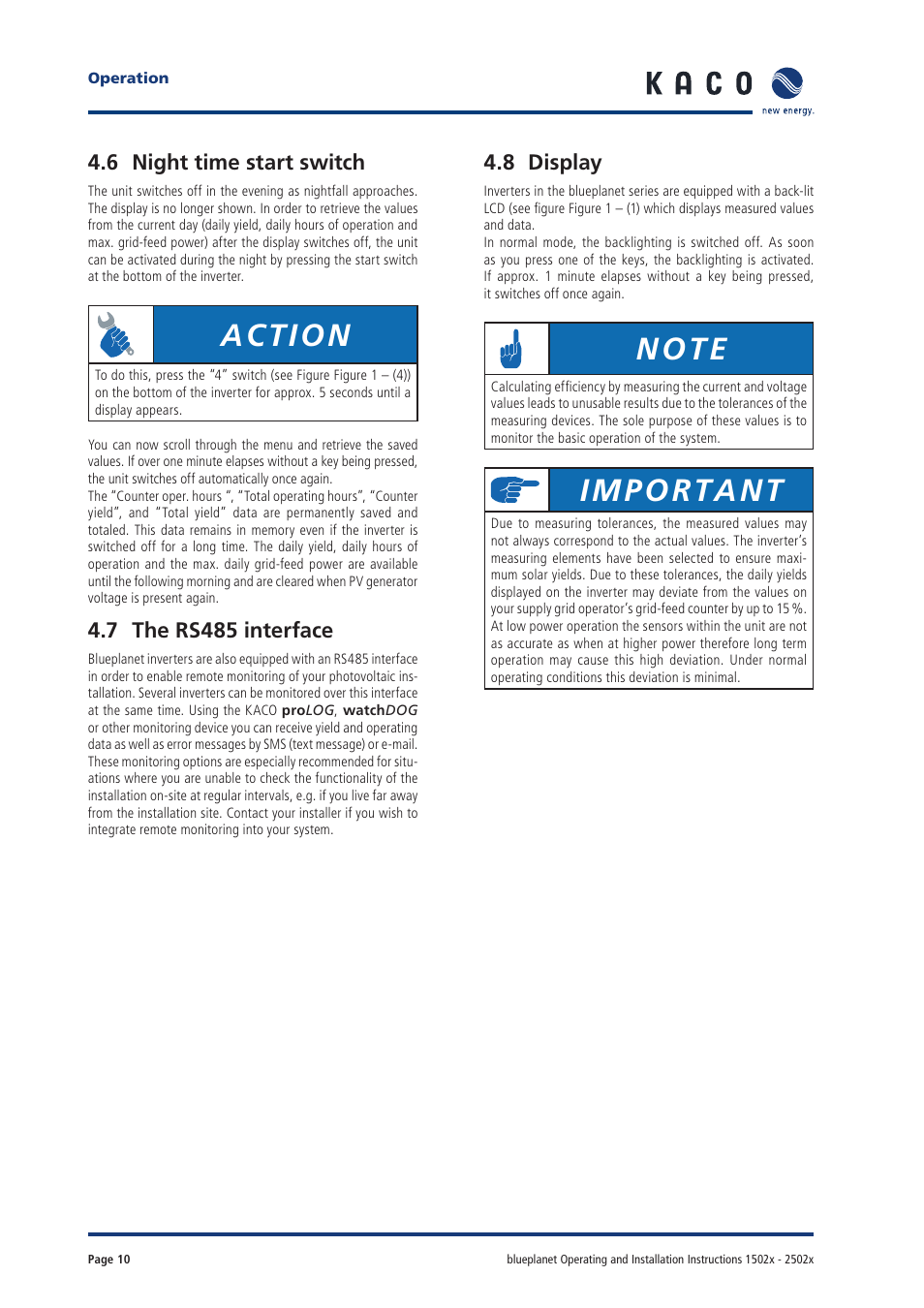 Action, Important, 6 night time start switch | 7 the rs485 interface, 8 display | KACO blueplanet 1502xi User Manual | Page 8 / 42