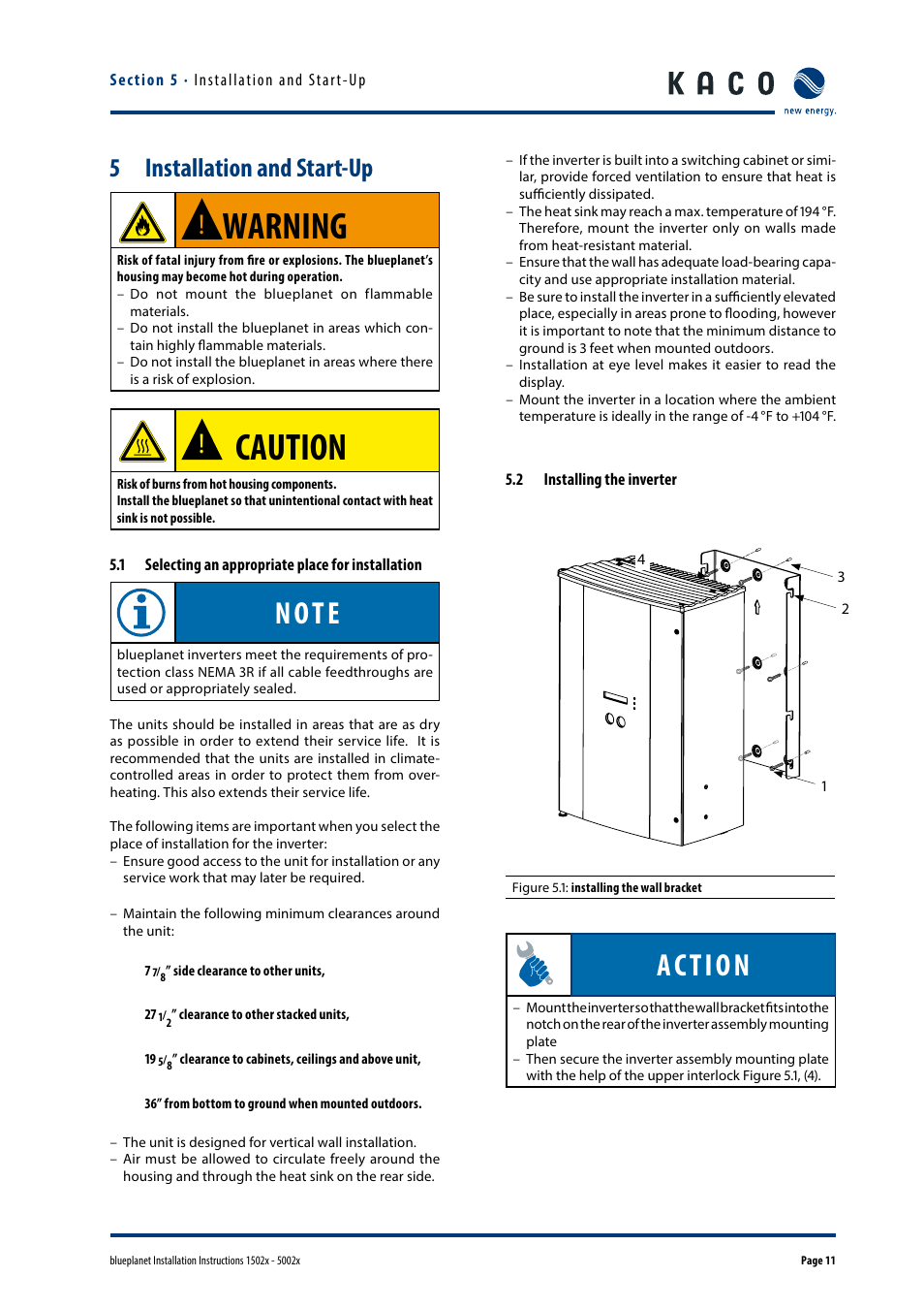 Installation and start-up, 1 selecting an appropriate place for installation, 2 installing the inverter | Warning, Caution, Action, 5 installation and start-up | KACO blueplanet 1502x User Manual | Page 11 / 36