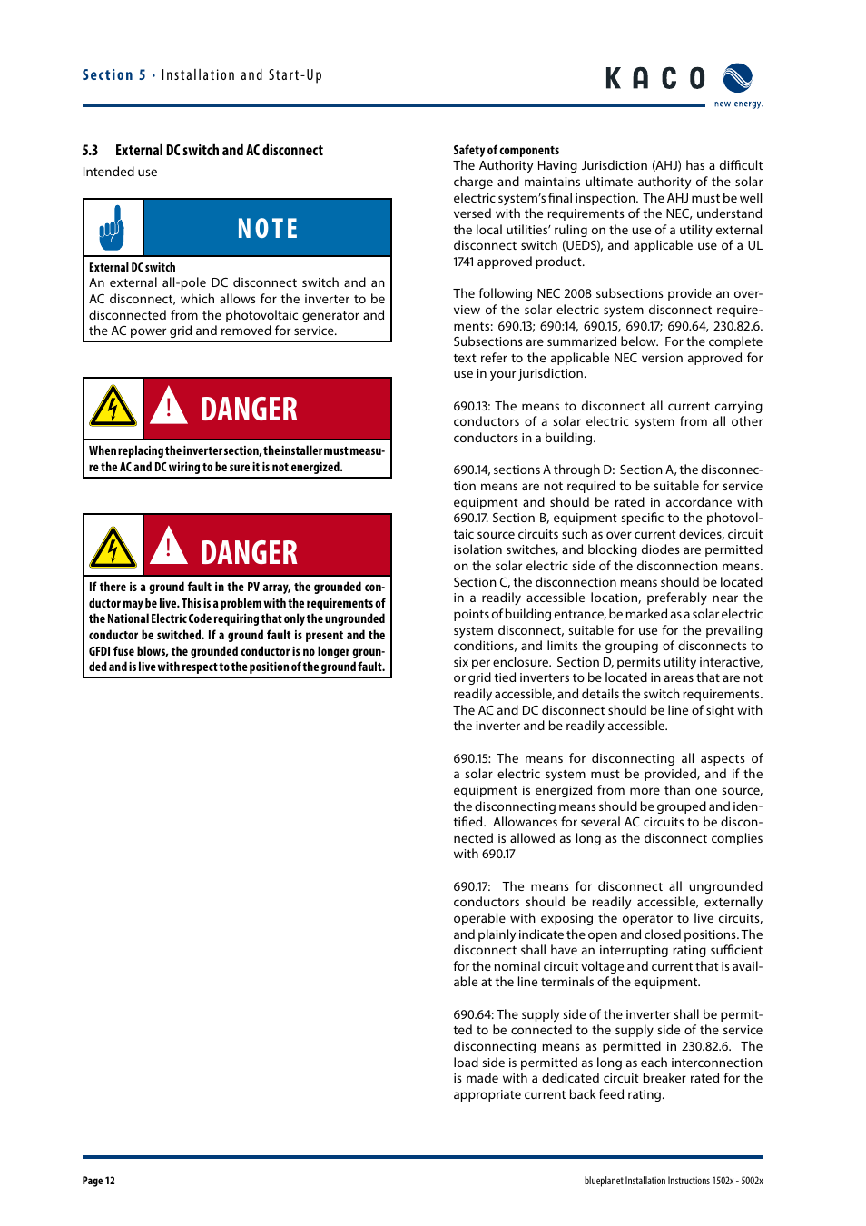 3 external dc switch and ac disconnect, Danger | KACO blueplanet 1502x User Manual | Page 12 / 36