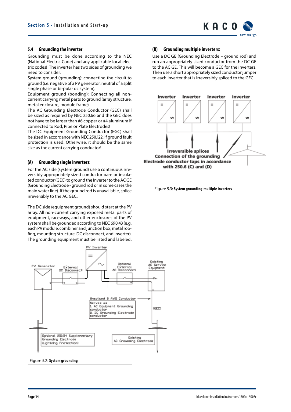 4 grounding the inverter, A) grounding single inverters, B) grounding multiple inverters | KACO blueplanet 1502x User Manual | Page 14 / 36