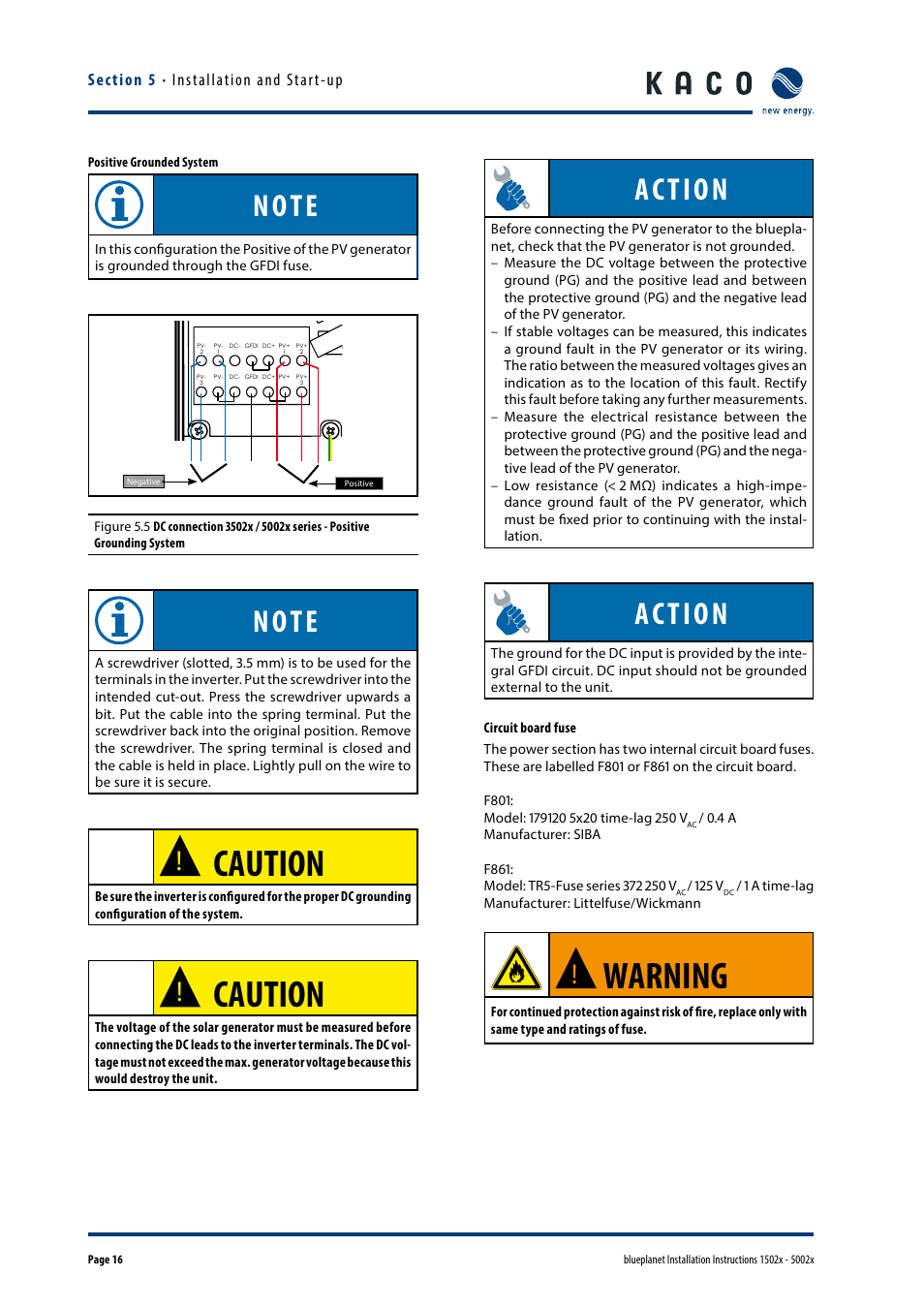 Warning, Caution, Action | KACO blueplanet 1502x User Manual | Page 16 / 36