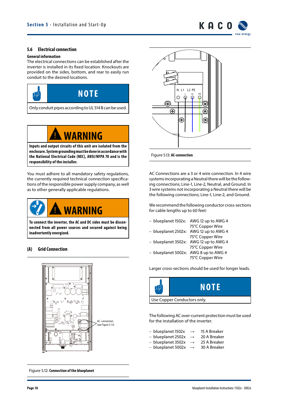 6 electrical connection, A) grid connection, Warning | KACO blueplanet 1502x User Manual | Page 18 / 36