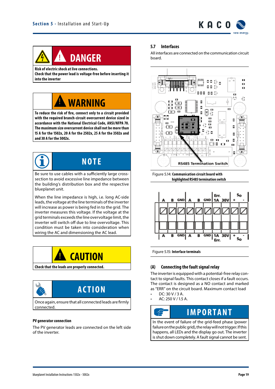 7 interfaces, A) connecting the fault signal relay, Danger | Warning, Caution, Action, Important | KACO blueplanet 1502x User Manual | Page 19 / 36