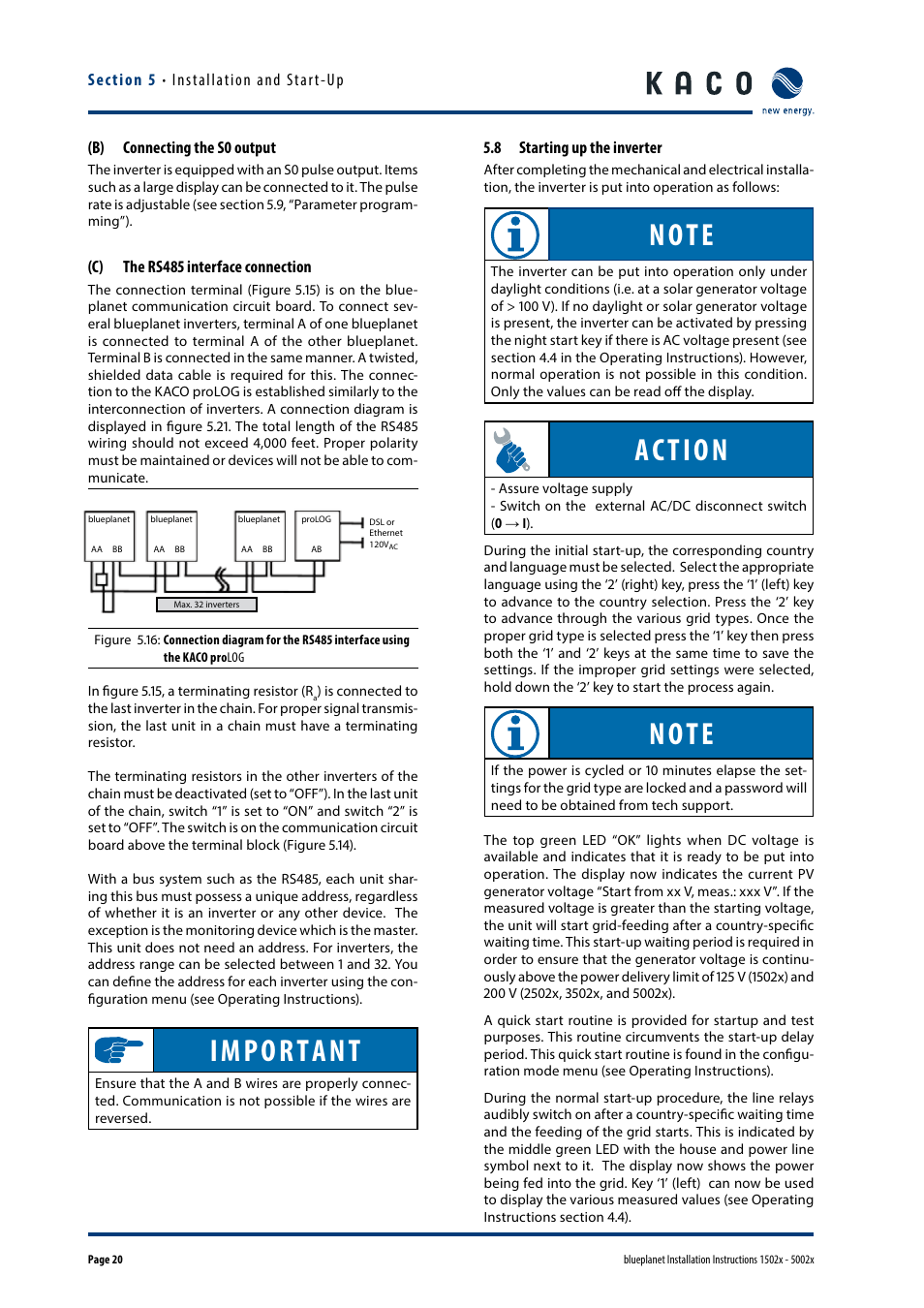 B) connecting the s0 output, C) the rs485 interface connection, 8 starting up the inverter | Important, Action | KACO blueplanet 1502x User Manual | Page 20 / 36