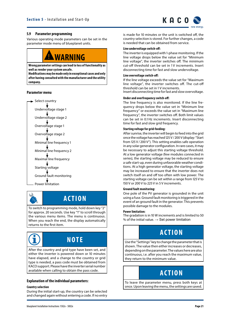 9 parameter programming, Warning, Action | KACO blueplanet 1502x User Manual | Page 21 / 36