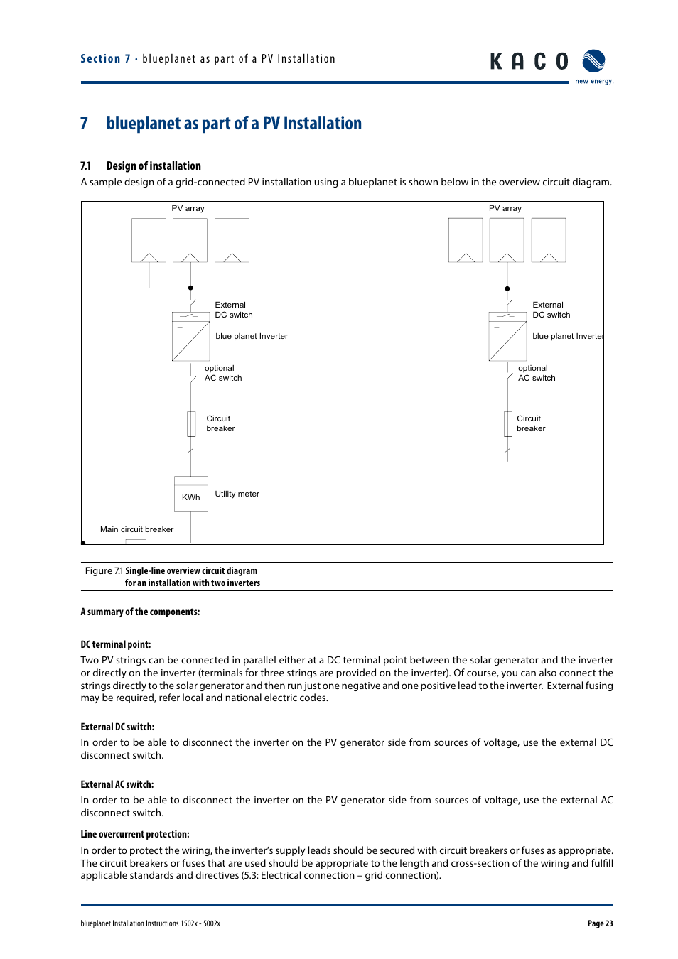 Blueplanet as part of a pv installation, 1 design of installation, 7 blueplanet as part of a pv installation | KACO blueplanet 1502x User Manual | Page 23 / 36