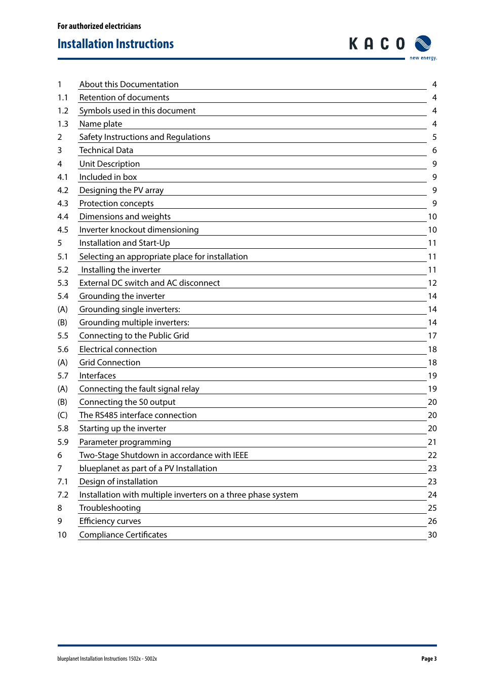 Installation instructions | KACO blueplanet 1502x User Manual | Page 3 / 36