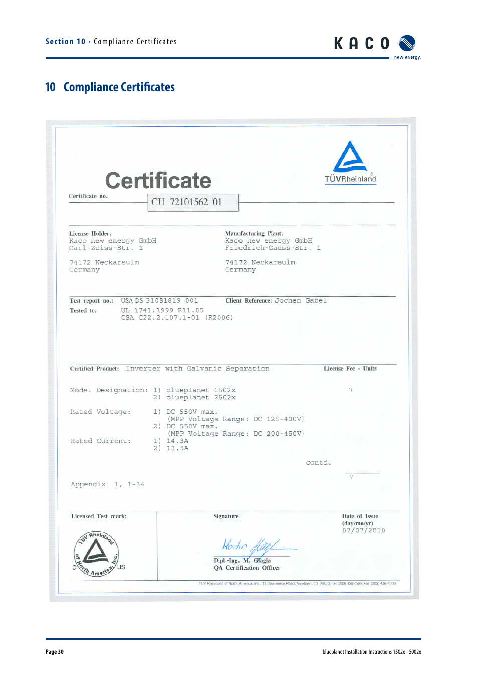 Compliance certificates, 10 compliance certificates | KACO blueplanet 1502x User Manual | Page 30 / 36