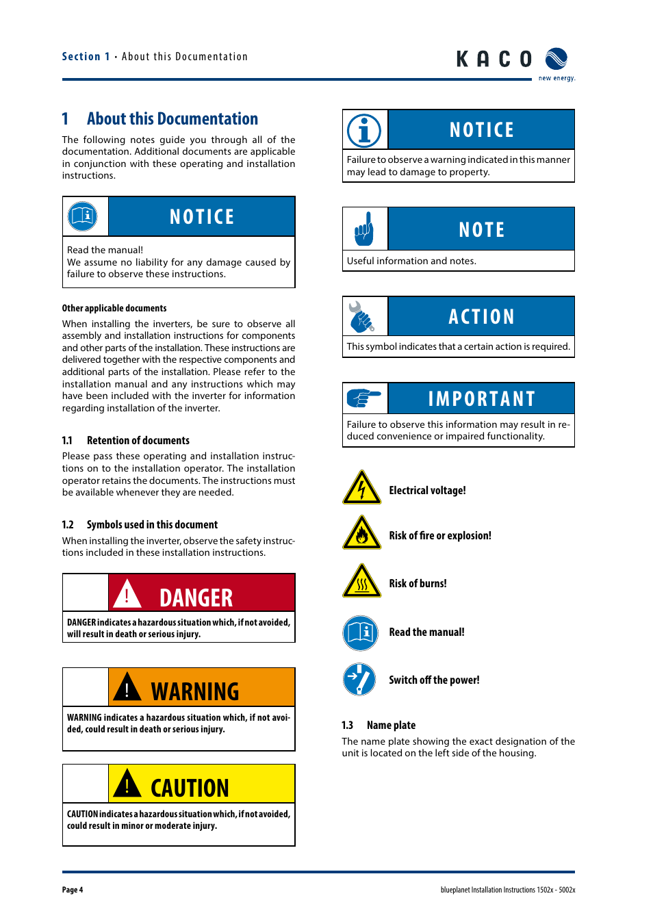 About this documentation, 1 retention of documents, 2 symbols used in this document | 3 name plate, Danger, Warning, Caution, Notice, Action, Important | KACO blueplanet 1502x User Manual | Page 4 / 36