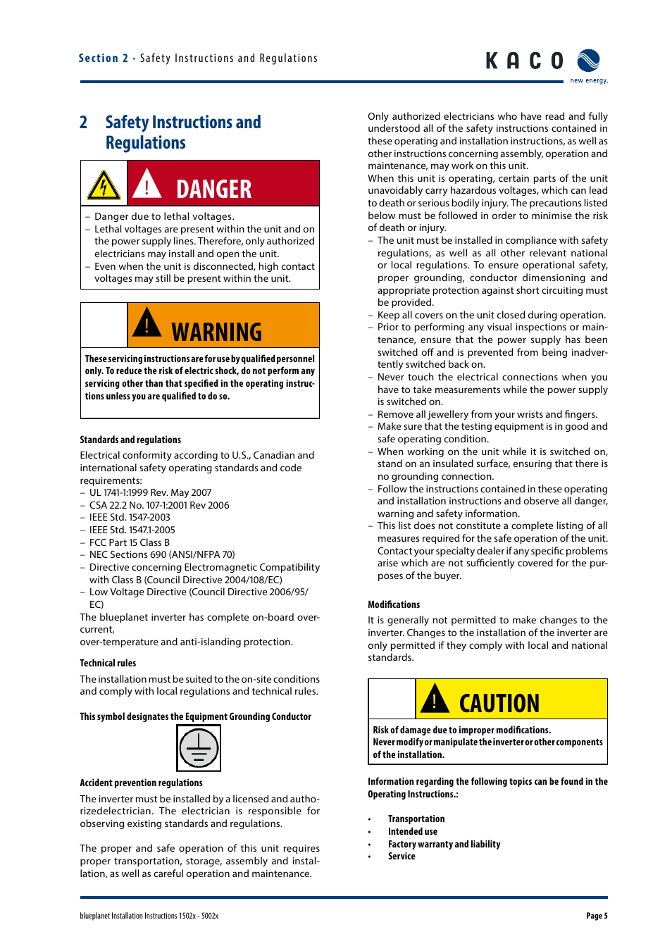 Safety instructions and regulations, Danger, Warning | Caution, 2 safety instructions and regulations | KACO blueplanet 1502x User Manual | Page 5 / 36