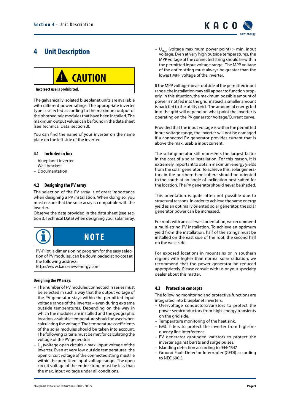 Unit description, 1 included in box, 2 designing the pv array | 3 protection concepts, Caution, 4 unit description | KACO blueplanet 1502x User Manual | Page 9 / 36