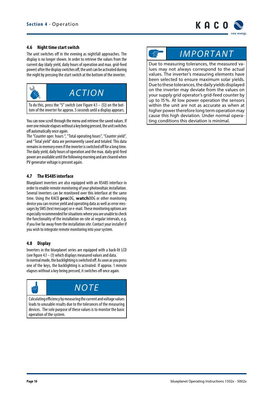 6 night time start switch, 7 the rs485 interface, 8 display | Action, Important | KACO blueplanet 1502x User Manual | Page 10 / 20