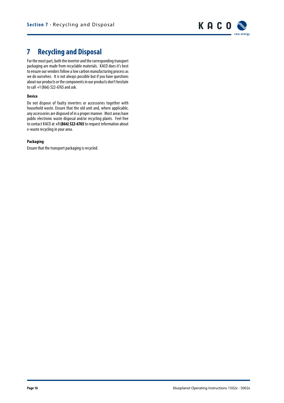 Recycling and disposal, 7 recycling and disposal | KACO blueplanet 1502x User Manual | Page 16 / 20