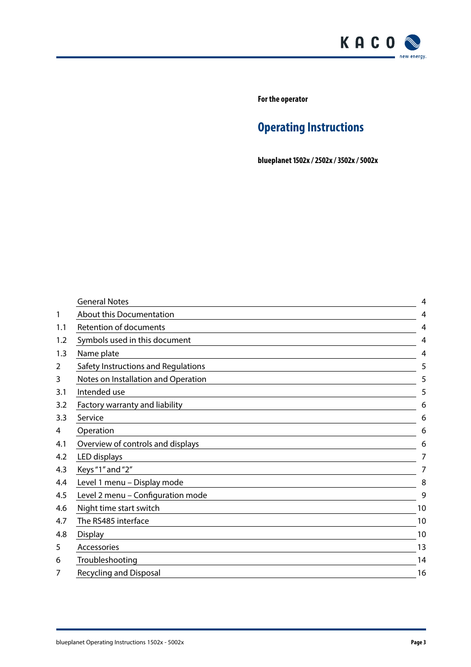 Operating instructions | KACO blueplanet 1502x User Manual | Page 3 / 20