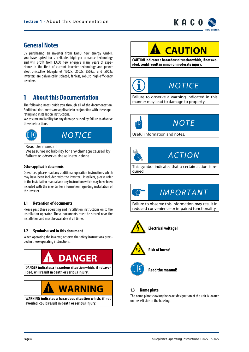 General notes, About this documentation, 1 retention of documents | 2 symbols used in this document, 3 name plate, Danger, Warning, Caution, Notice, Action | KACO blueplanet 1502x User Manual | Page 4 / 20