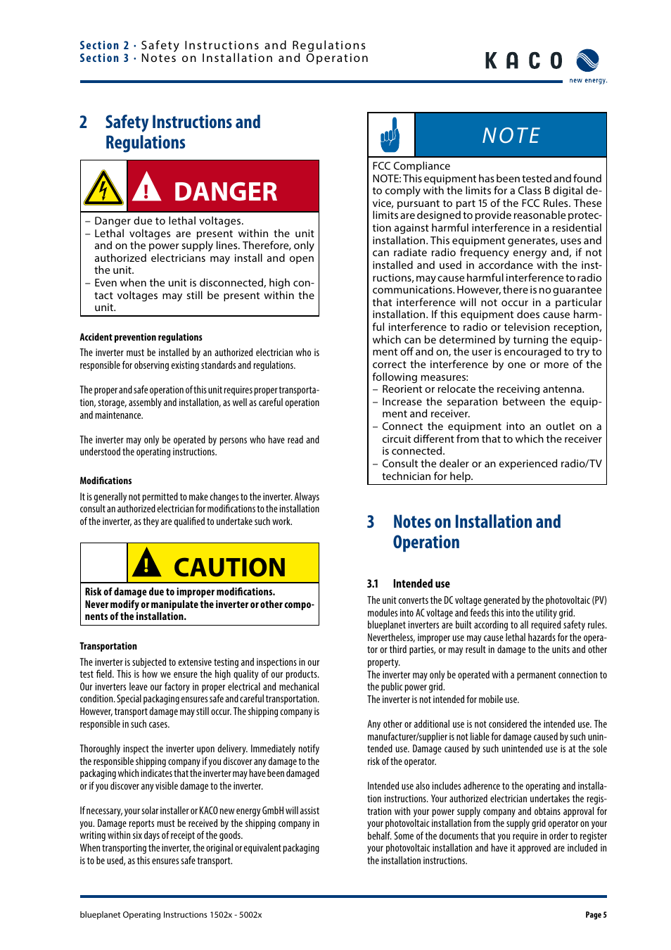 Safety instructions and regulations, Notes on installation and operation, 1 intended use | Danger, Caution, 2 safety instructions and regulations | KACO blueplanet 1502x User Manual | Page 5 / 20