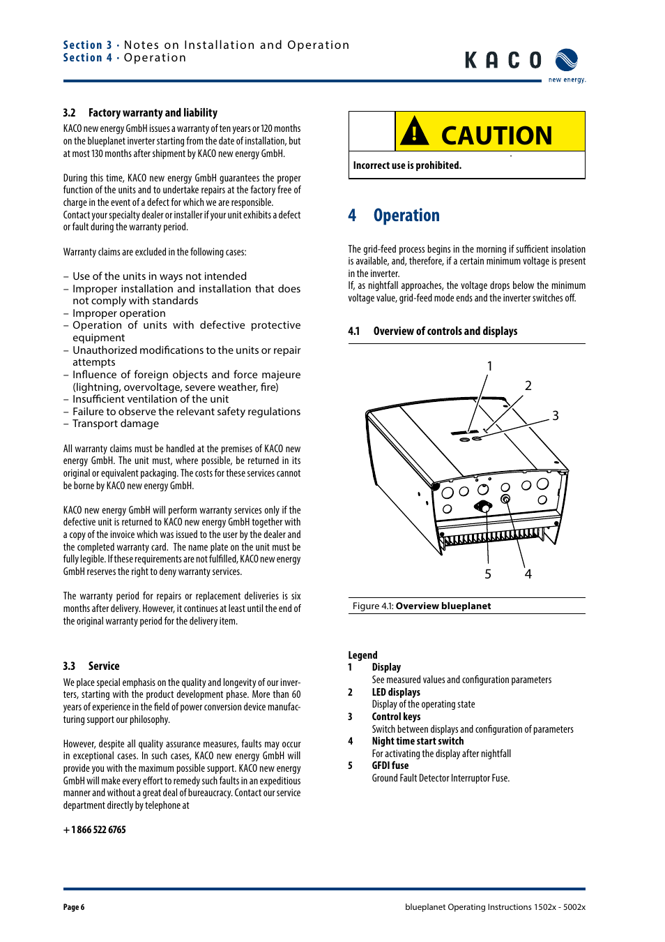 2 factory warranty and liability, 3 service, 4 operation | 1 overview of controls and displays, Caution | KACO blueplanet 1502x User Manual | Page 6 / 20