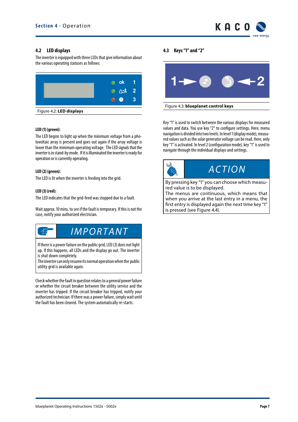 2 led displays, 3 keys “1” and “2, Important | Action | KACO blueplanet 1502x User Manual | Page 7 / 20