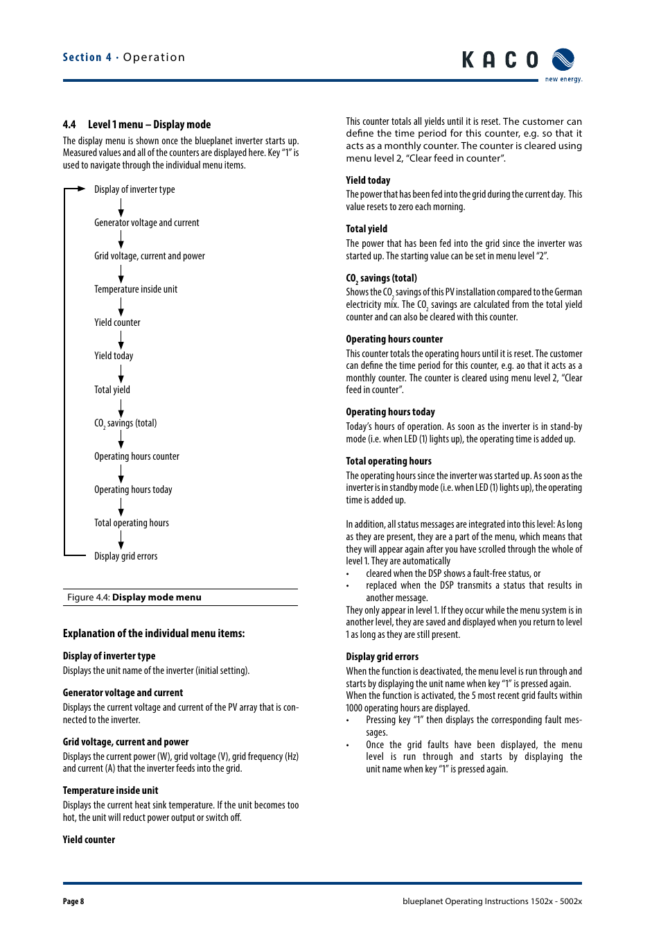 4 level 1 menu – display mode | KACO blueplanet 1502x User Manual | Page 8 / 20