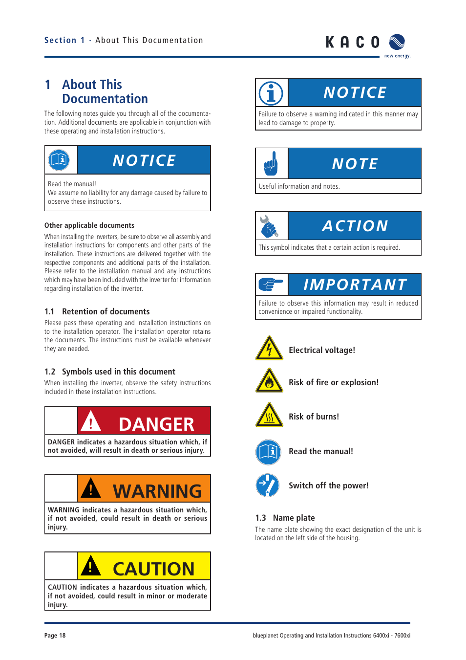 Danger, Warning, Caution | Notice, Action, Important, 1 about this documentation | KACO blueplanet 6400xi User Manual | Page 17 / 46