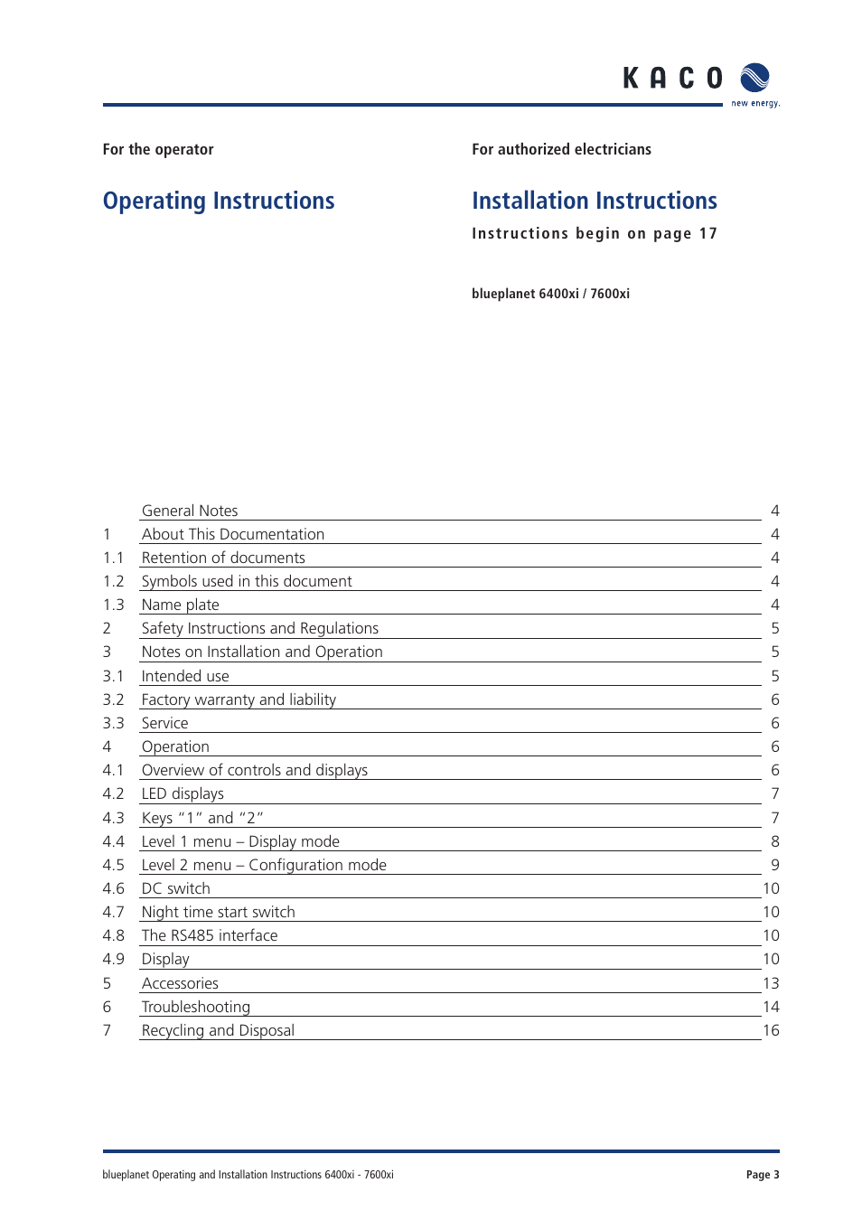 Operating instructions, Installation instructions | KACO blueplanet 6400xi User Manual | Page 2 / 46