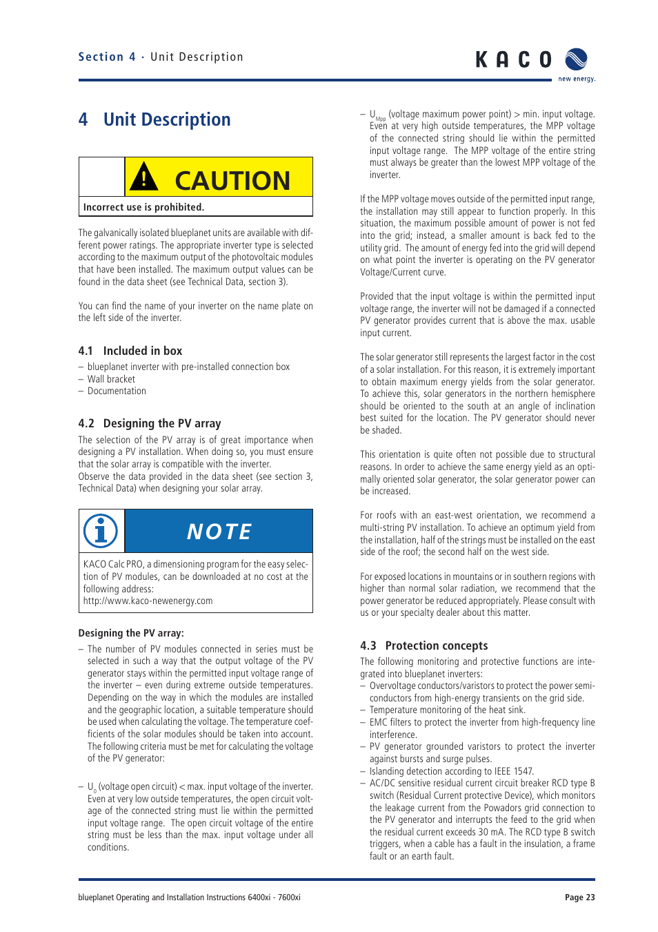 Caution, 4 unit description | KACO blueplanet 6400xi User Manual | Page 22 / 46