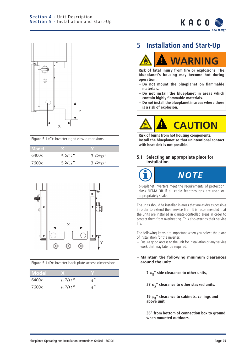 Warning, Caution, 5 installation and start-up | KACO blueplanet 6400xi User Manual | Page 24 / 46
