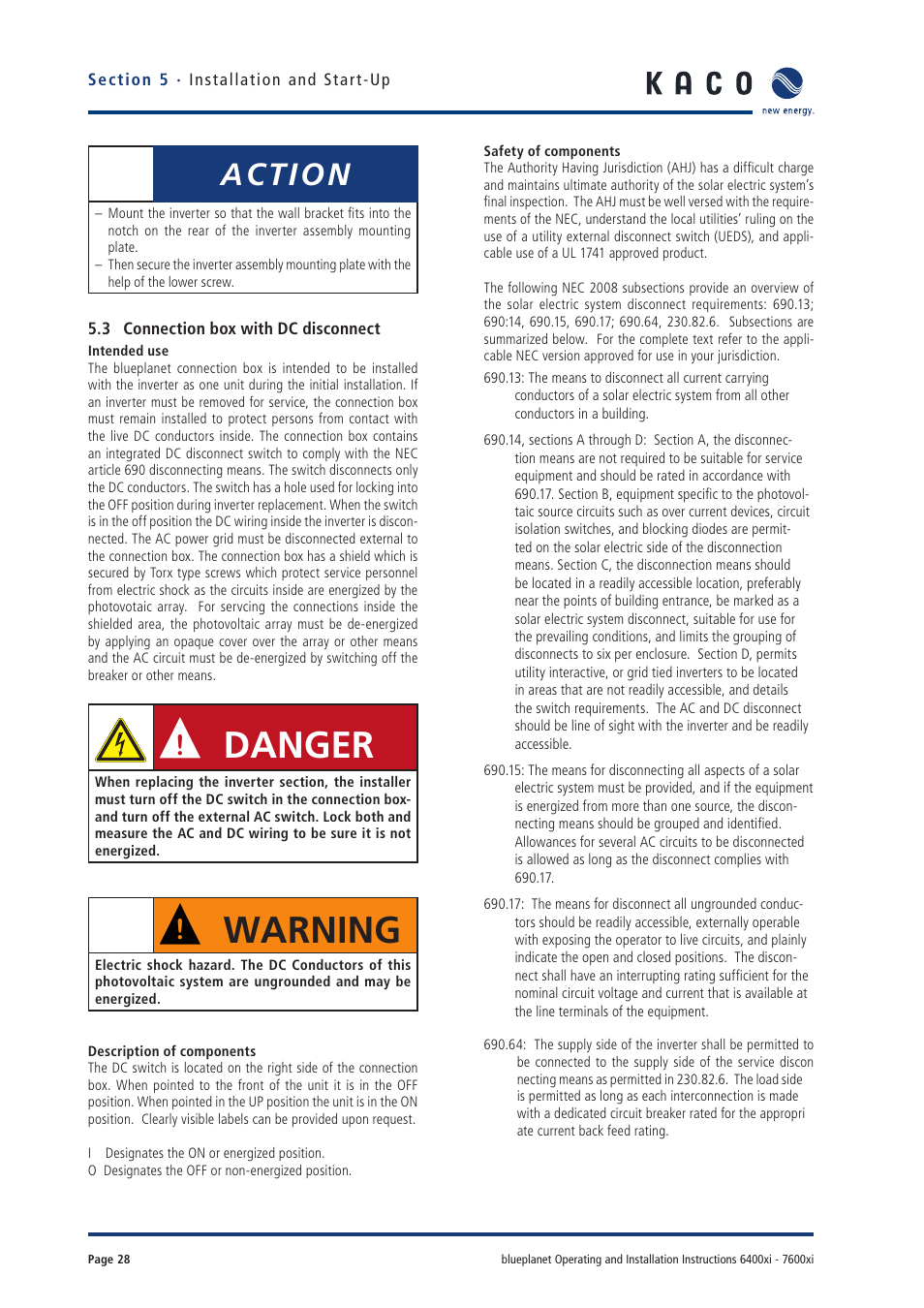 Danger, Warning, Action | KACO blueplanet 6400xi User Manual | Page 27 / 46