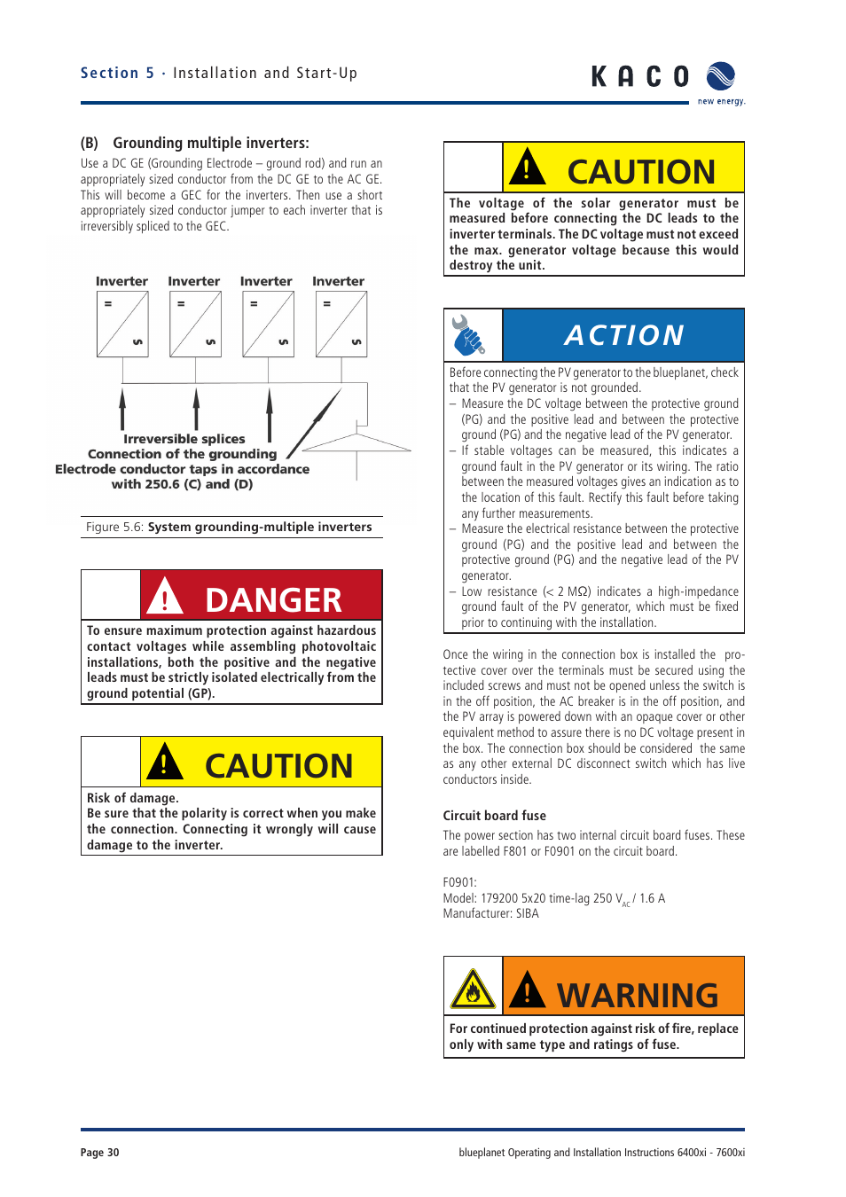 Caution, Warning, Danger | Action | KACO blueplanet 6400xi User Manual | Page 29 / 46