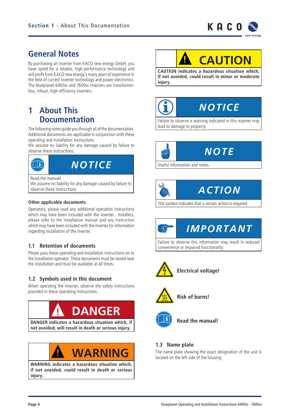 Danger, Warning, Caution | Notice, Action, Important, 1 about this documentation | KACO blueplanet 6400xi User Manual | Page 3 / 46